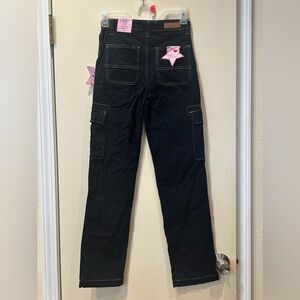 Gogo Star Black Straight Leg Cargo Pants Girls 14 Contrast Stitching NWT K-pop